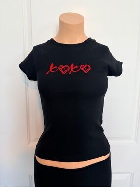Black Short-Sleeve Ribbed Tee with Red Heart Script